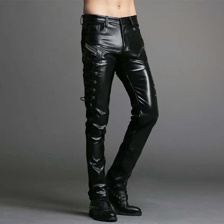 Fashion Motorcycle Slim Fit Mens Punk Rock Leather Pants Skinny Black Trousers