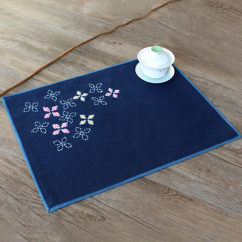 Chinese Tranditional Handmade Embroidered Table Mat Blue Cotton Table