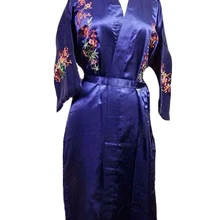 Лидер продаж темно-синий китайский женский шелковый халат с вышивкой Новинка кимоно Ночная рубашка с цветочным рисунком Размеры S M L XL XXL XXXL W3S001