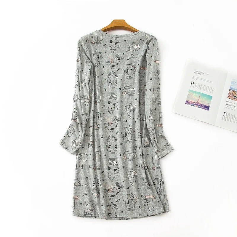 Spring Summer Women Casual Cartoon Sleep Dress Ladies Soft Cotton Nightgown Female Long Sleeve Plus Size Home Sleepshirt