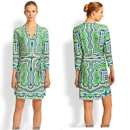 

Couture autumn with Italian fashion synchronization green printing belt v-neck elastic knitting slim dress code