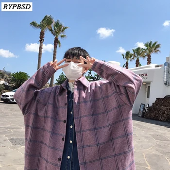 

2 Colors New Arrivals Plaid Wool Coat Korean Fashon Loose Turn-down Collar Single Breasted Tide Men Overcoat Jacket M-XXL