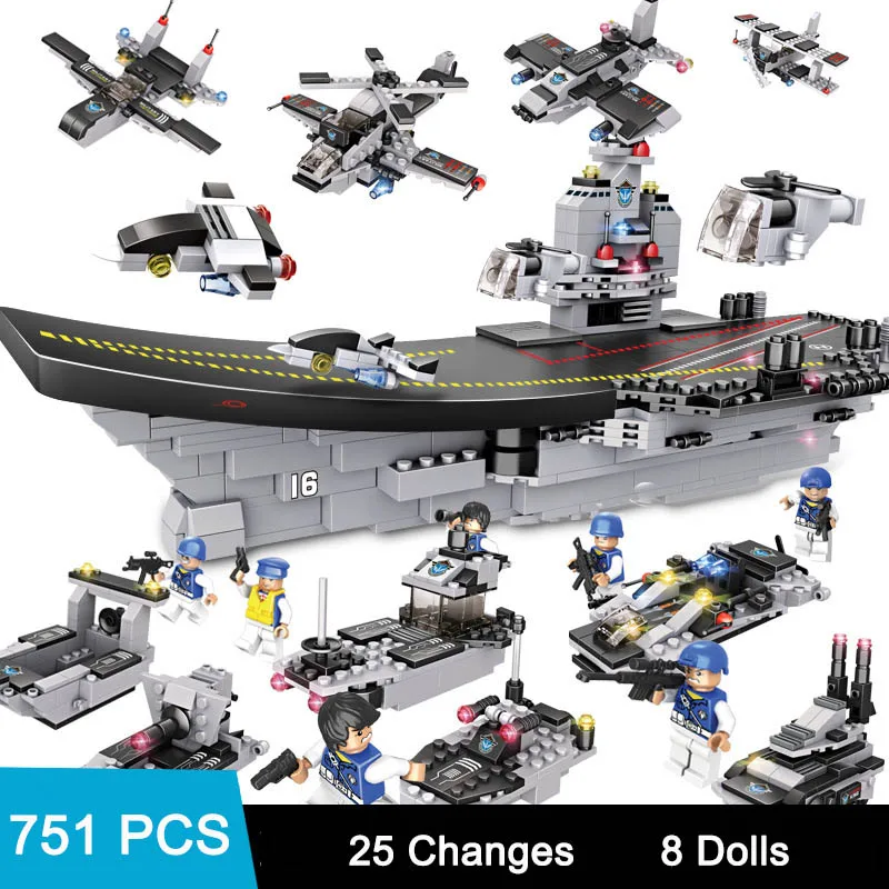 

751PCS Aircraft Battle Group Building Kits Blocks 8 in 1 Aircrafted Carrier Military Ship Bricks Toy Compatible with Legoed