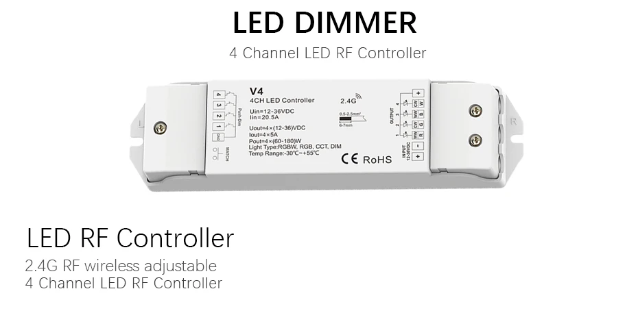 Светодиодный затемнитель 12V 4x5A 20A выход приемник Цифровой индикатор V4 с RS6 беспроводной Радиочастотный пульт 4 канала тусклый отдельно диммер