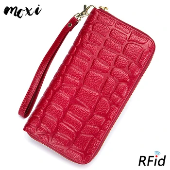 

MOXI Women Wallet Rfid Blocking Card Holder For Female Genuine Leather Lady Purse Brand Imprint Phone Clutch Bag Long Card Case
