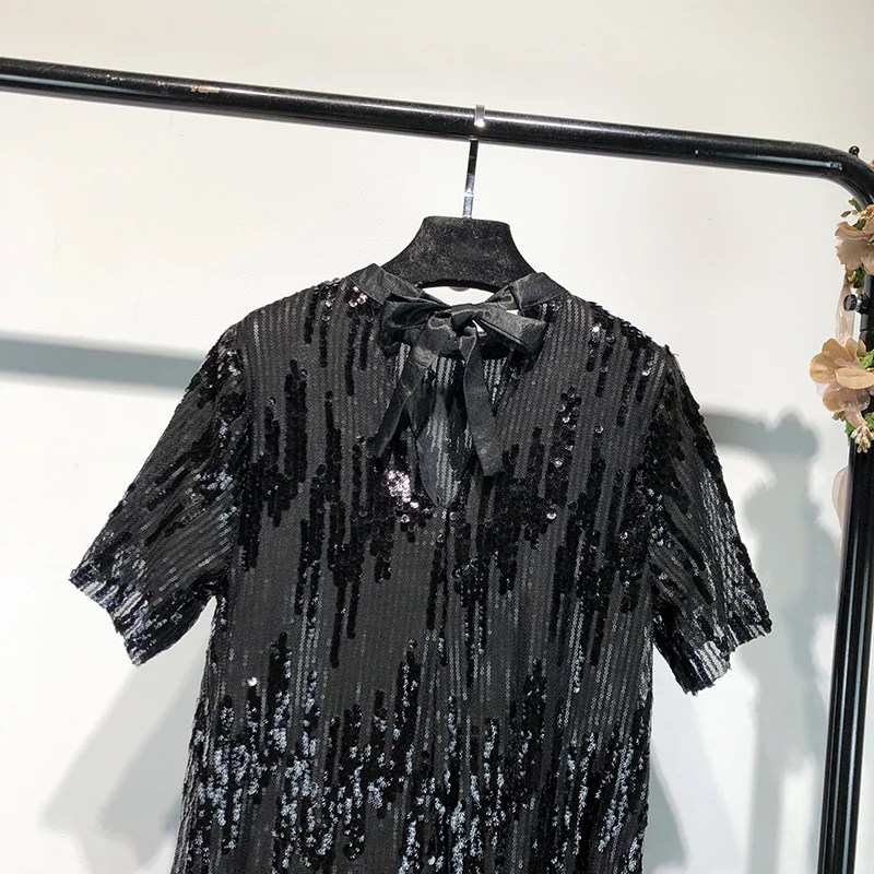 Cakucool платье с пайетками, короткий рукав, круглый вырез, бант, прямое мини-платье, черное роскошное тонкое винтажное платье Vestido
