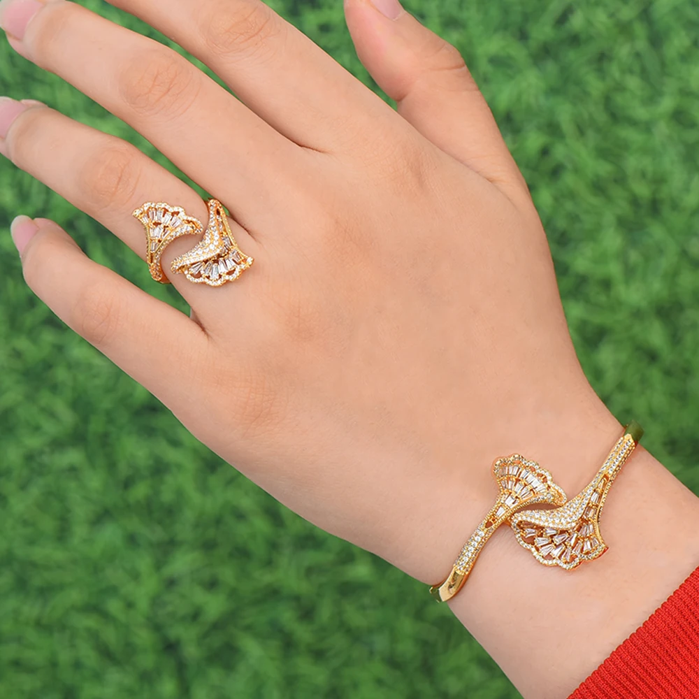 

GODKI Luxury Ginkgo Leaf Nigeria Bangle Ring Set Jewelry Set For Women Wedding Cubic Zircon Crystal CZ Dubai Bridal Jewelry Sets