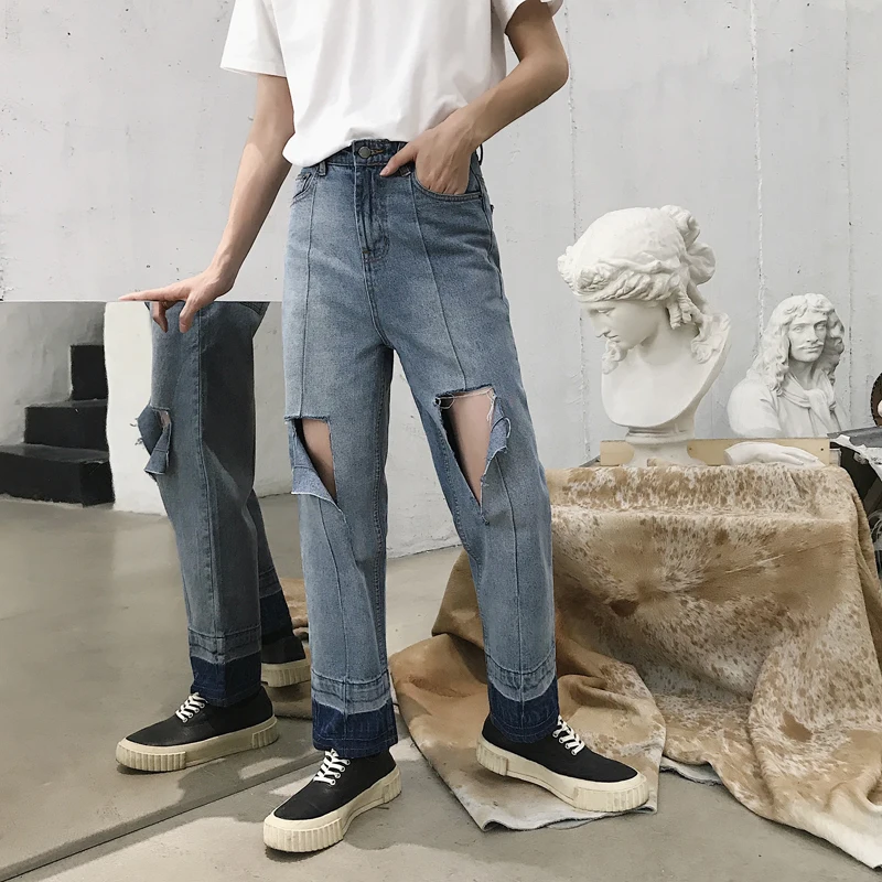 

MIXCUBIC 2018 summer British style unique hole scratched jeans for men casual slim Mixed colo foot mouth ripped jeans men,M-XXL