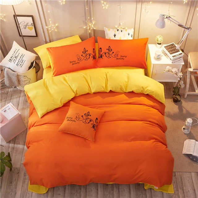 オレンジ黄色の無地純粋な色 3 4 本寝具セット大人の子供ベッドリネンキルト布団布団カバーシートのベッドカバーの女王サイズ Aliexpress Mobile