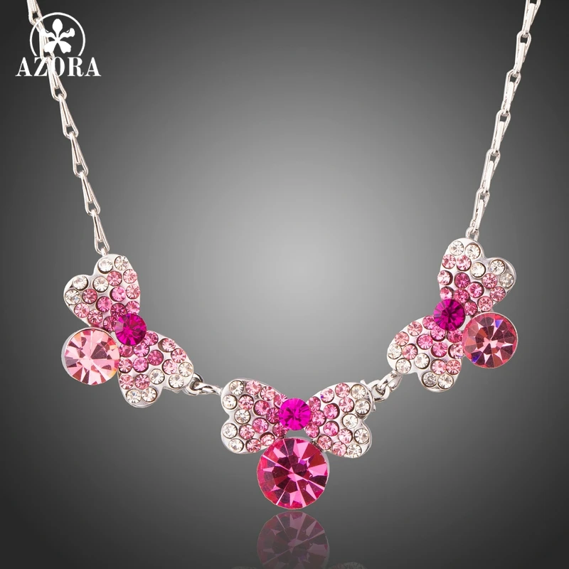 

AZORA Fashion White Gold Color Chain Multicolor Austrian Crystals Butterfly Pendant Necklace Trendy Net Star Jewelry TN0211