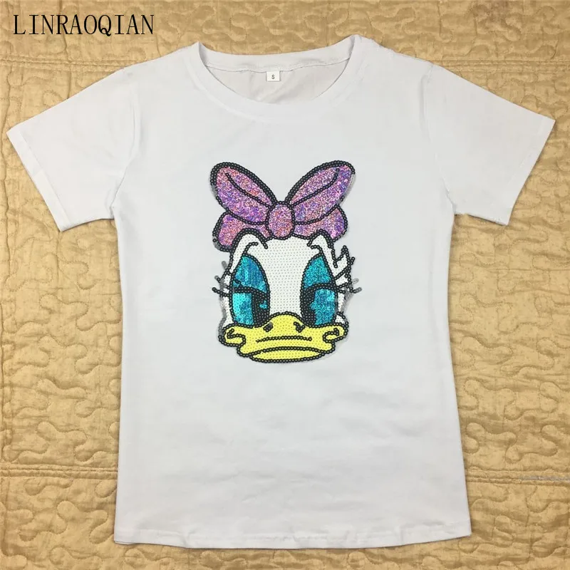 

Cotton T Shirt Women Summer Short Sleeve Sequined Donald Duck Print T shirts Fashion White Top Tees Women Girls Design Clothing