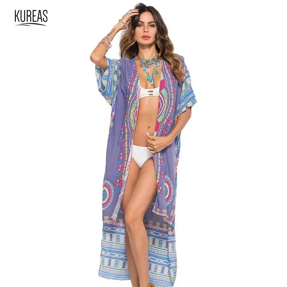 Kureas Дашики пляжное платье Национальный принт кардиган Африканский Vestido халат макси платья кимоно накидка пляжная одежда праздничная одежда - Цвет: Светло-фиолетовый
