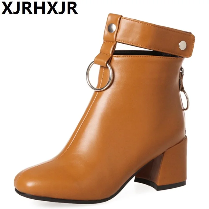 

New 2018 Autumn Ankle Boots Female Fashion Zip Motorcycle Boots Women Leather Rubber Boots Ladies High Heels Shoes Woman