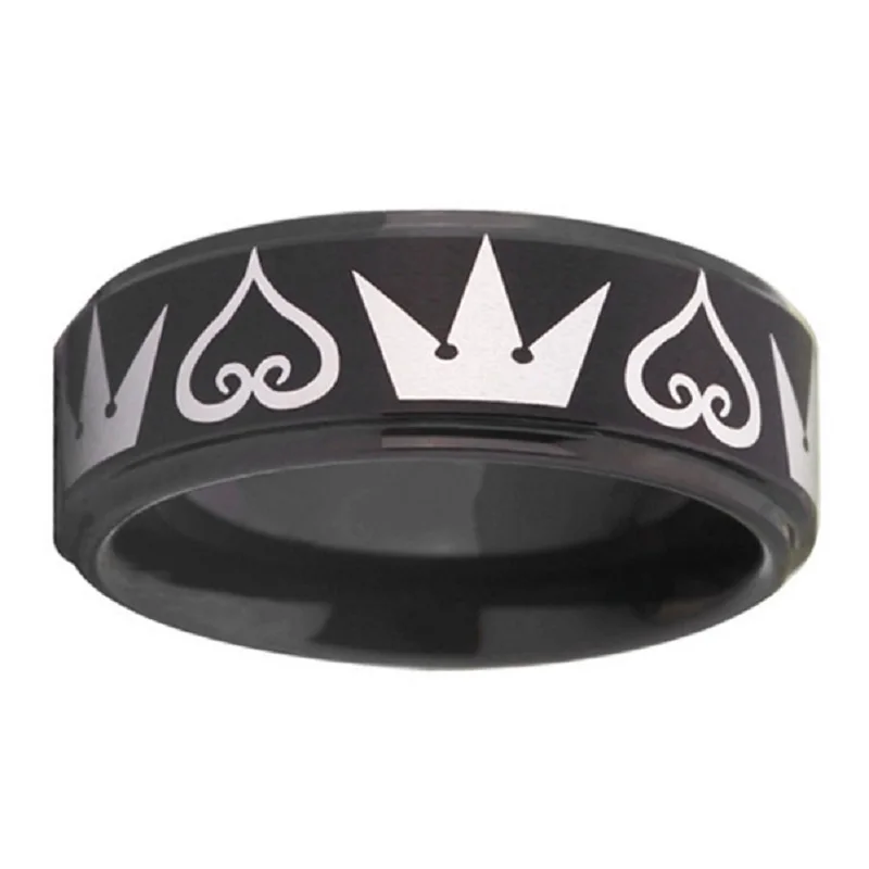 Прямая поставка Королевство Сердца короны Дизайн 8 мм Матовый центр черный шаг из нержавеющей стали мужское кольцо - Цвет основного камня: Черный