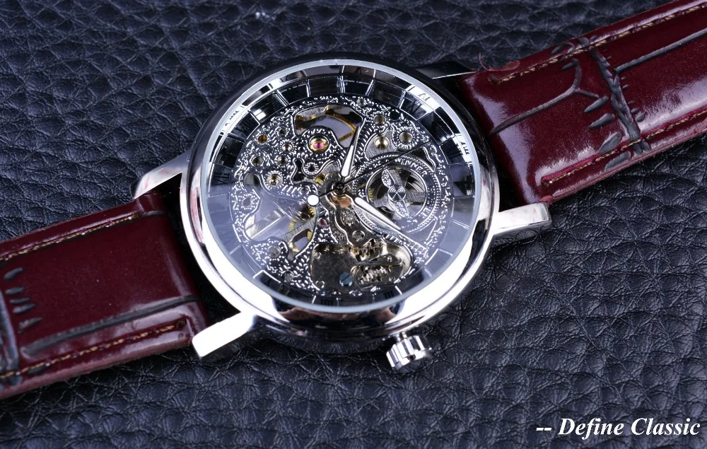 Winner Royal Carving Skeleton Brown Leather Strap Silver Case Transparent Case Men Watch Top Brand Luxury Mechanical Watch Clock