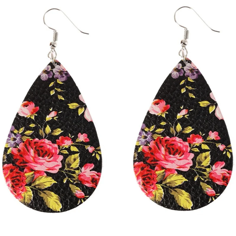 

2018 Printing Flower New Teardrop Leather Earrings Antique Looking Various MultiColors Leather Bohemia Drop Earrings
