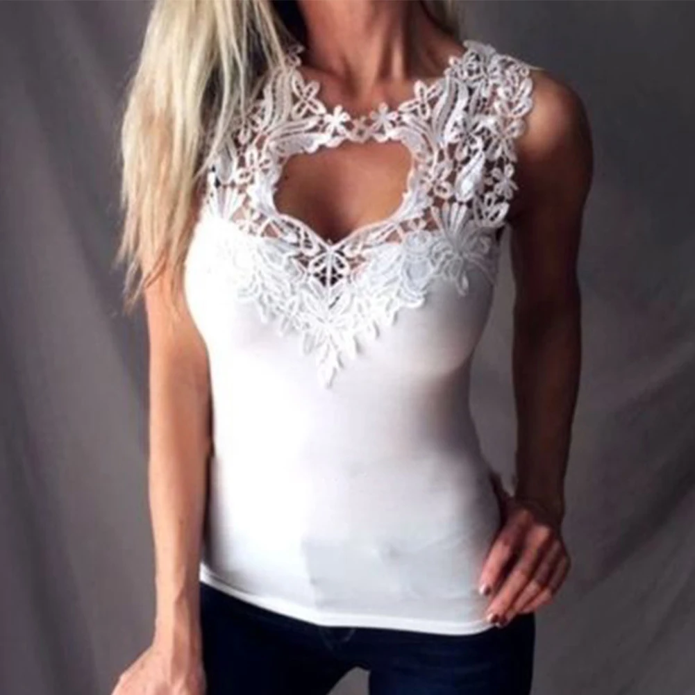 

Sleeveless Crew Neck Casual Lace Up Summer Women Vest Slim Floral Fashion Sexy Splice Daily Ladies Tank Top