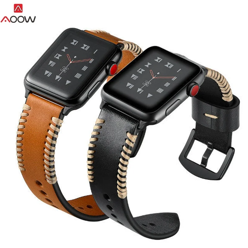 

AOOW Genuine Leather Watchband For Apple Watch 1 2 3 Brown Sewing Men Women Replacement Bracelet Strap Band for iwatch 38mm 42mm