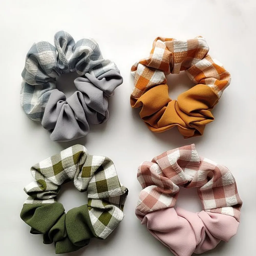 

Fashion Women Scrunchy Soft Hair Ropes Hair Accessories Double Color Plaid Elastic Scrunchie Hairband Hair Band Ponytail Holder