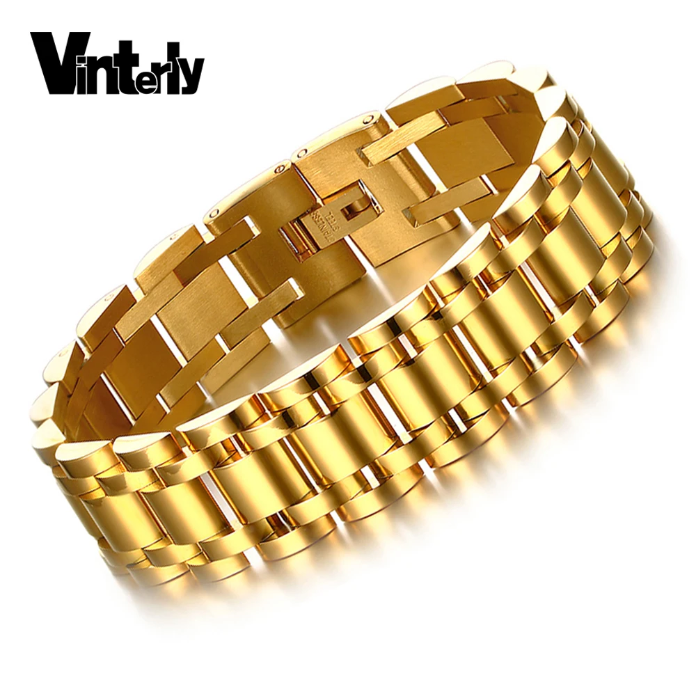 Vinterly Для мужчин золото Цвет Нержавеющая сталь ювелирные изделия 21.5 см полированный ручной цепи Для мужчин браслет для мужчин рождественские подарки