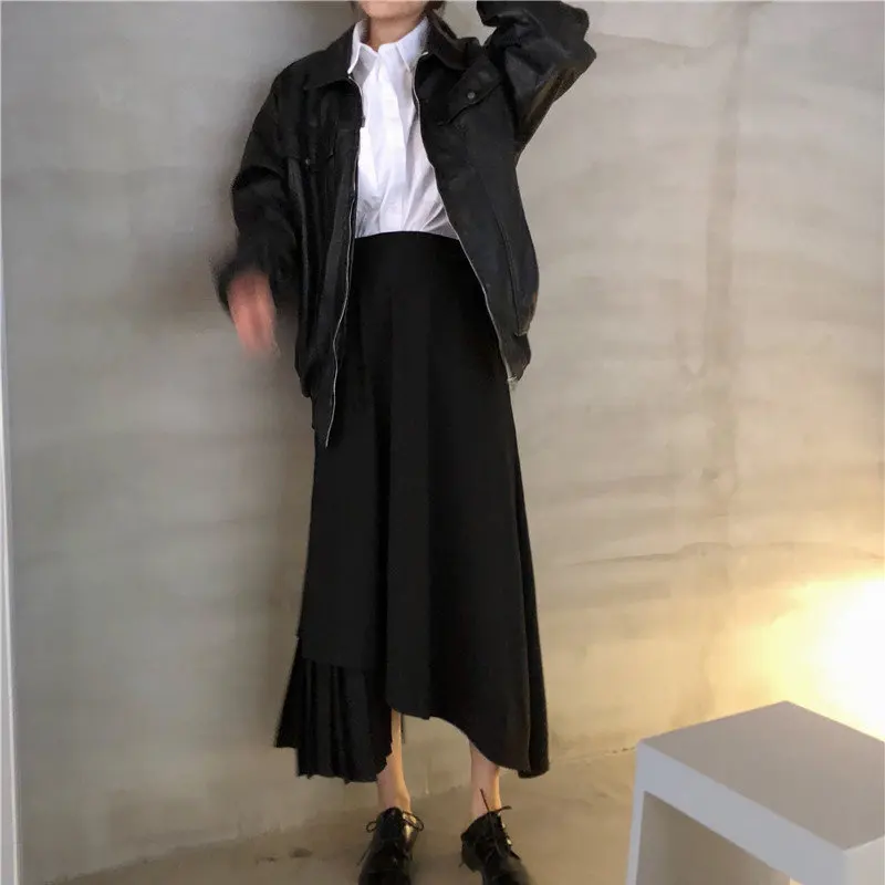 Новая однотонная летняя нестандартная Модная приталенная повседневная одежда в стиле ампир, простая трапециевидная женская черная юбка до середины икры размера плюс