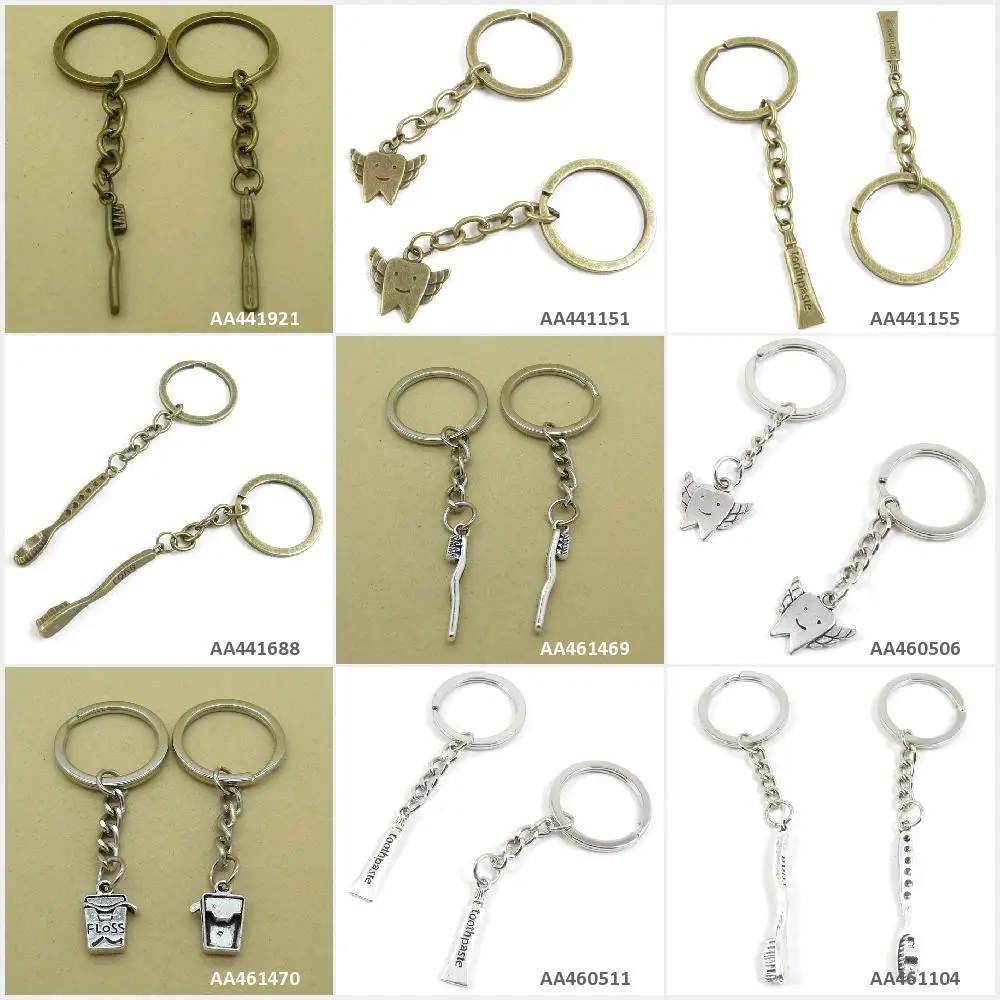 

Antique Bronze Silver Tone Keychain Keyring Keytag Toothbrush Tooth Brush Toothpaste Floss Cup Angel Key Chain Ring Tag Charms