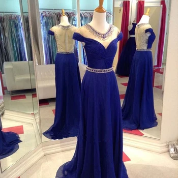 

Cap Sleeves See Through Back Prom Gown Crystal Beads Tops Evening Dress for Wedding Party Custom Made