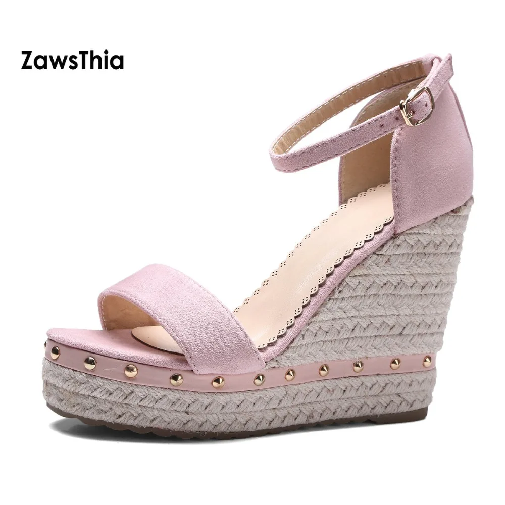 

ZawsThia Girl Studded Wedge Sandals Shoes High Heels Open Toe Platform Women Summer Shoes With Buckle Strap Sandalia Feminina