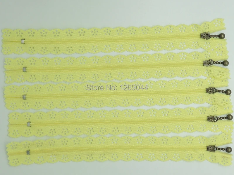 10 Pcs 20 Cm Yellow Color Copper Zipper Nylon Lace Pierced Zipper 