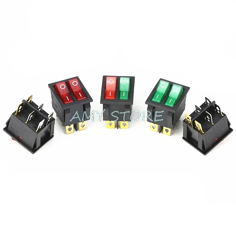 

KCD2 Double Boat Rocker Switch 6 Pin On-Off Latching With Green Red Neon Lamp Light 20A 125VAC