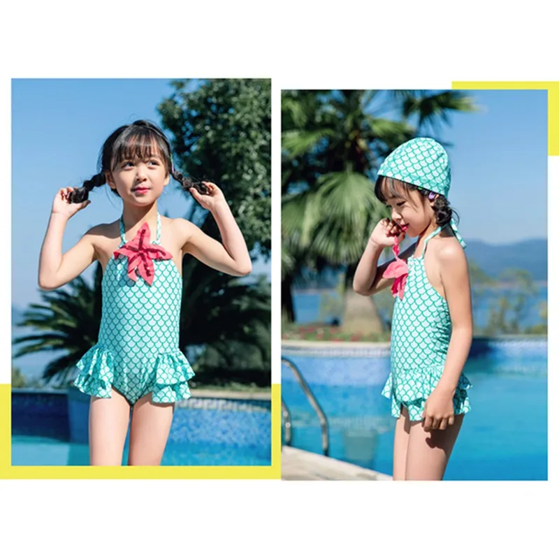 Цельные купальники для девочек; купальные костюмы с оборками; детский купальник с шапкой для плавания