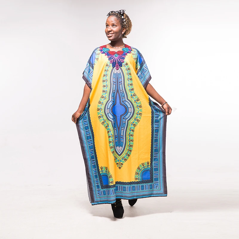 

African women clothes Print Beach Yellow Blue Dashiki Neckline embroidery fashion lady dress