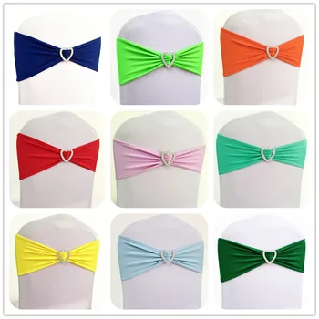 

50pcs Elastic Spandex Chair Sash Bow Ties Stretch Lycra Chair Cover Bands With Heart Buckle For Banquet Hotel Wedding Decoration