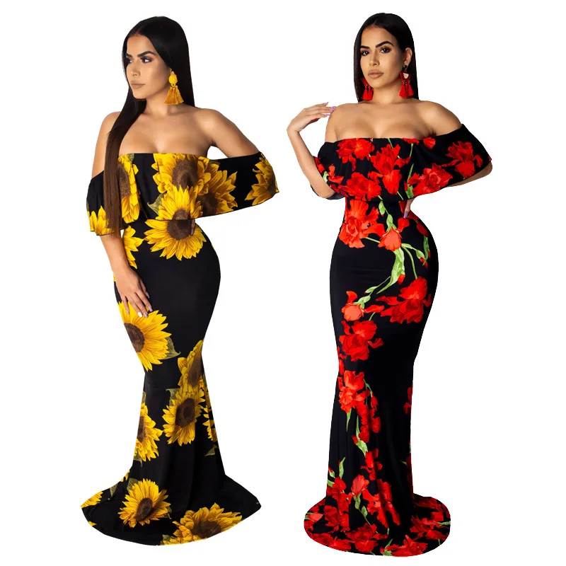 

Flower Print Black Banquet Demast Dress Slash Collar Off the Shoulder Wrapped Chest Top High Waist S Curve Mermaid