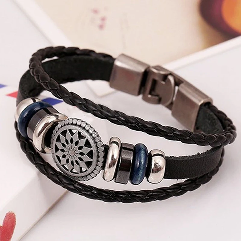 

Vintage Hip-hop Multilayer StarBead Bracelet Woven Punk Leather Bracelet For Men Jewelry Braid Wrap Bangle