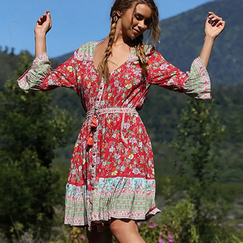 

2019 Boho Floral Print Bandage Women Dress Sexy V-Neck Flare Sleeve Loose Summer Beach Sundresses Vintage Tassel Party Vestidos