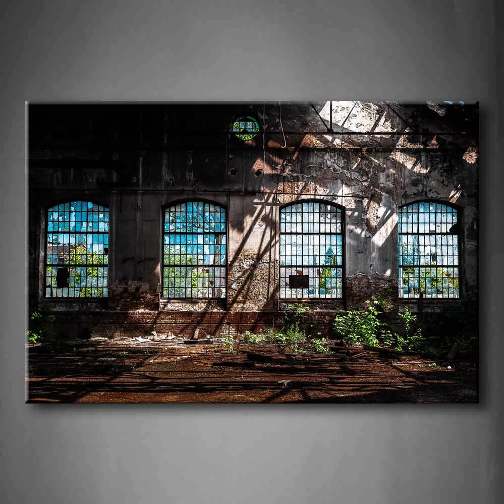 

Framed Wall Art Pictures Factory Window Plant Canvas Print Artwork Architecture Poster With Wooden Frame For Living Room