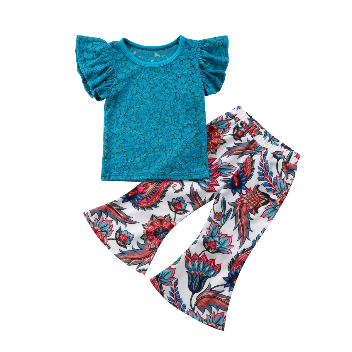 Newborn Kid Baby Girl Ruffles Floral Clothes Lace Tops+Flare Pants
