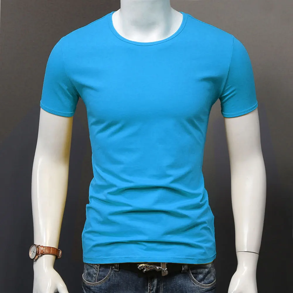 MYDBSH Мужская брендовая одежда летняя Однотонная футболка мужская повседневная футболка модная мужская футболка с коротким рукавом размера плюс 5XL - Цвет: O Neck Sky