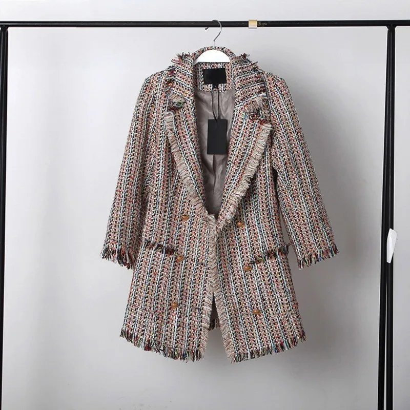 

LANMREM 2019 New Spring Double-breasted Blend Woolen Tassel Jacket For Women High Quality Irregular Patchwork Fashion Coat QF081