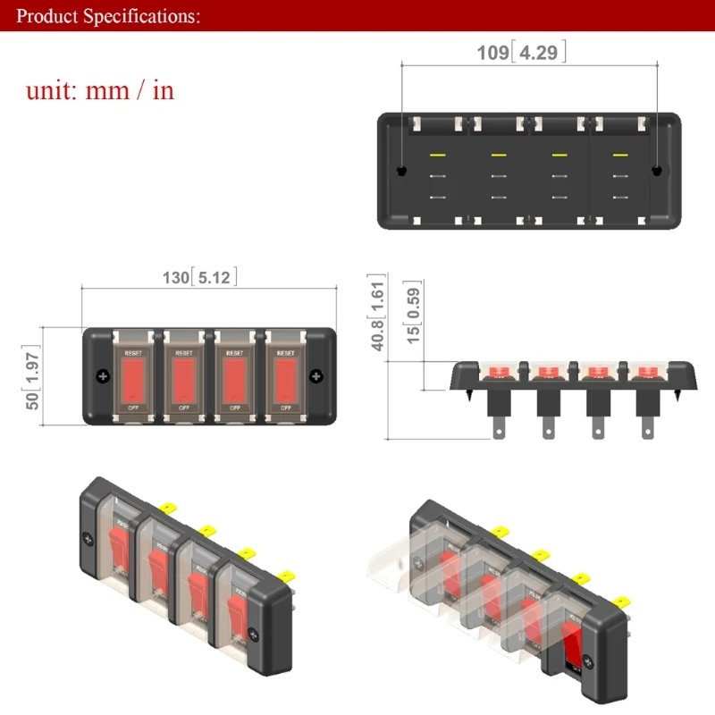 4 Gang12V Panel Waterproof Red LED Switch Circuit Breaker With Fuse For Boat Car