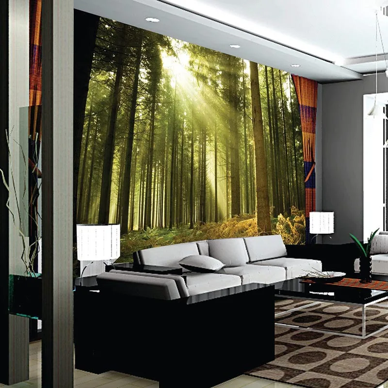 

3D customized wallpaper mural landscape painting with forest trees sunshine behind TV sofa bed as background in living room