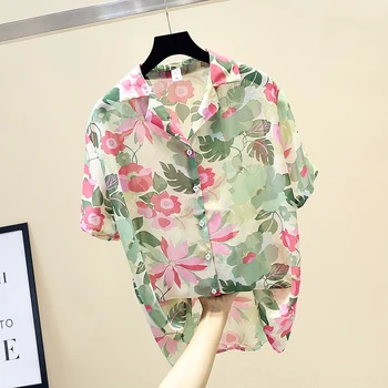 

vintage women blouse and shirts floral loose v-neck green lady elegant all match casual shirts outwear tops