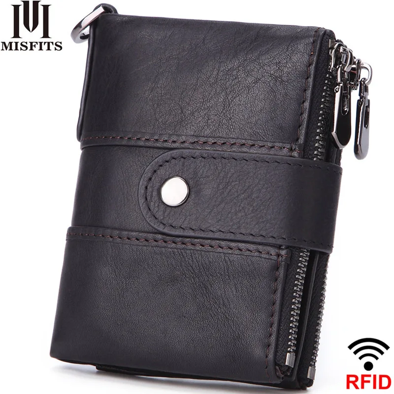 

MISFITS RFID men wallets genuine leather small wallet coin pocket vintage male purse with card holder short man zipper money bag