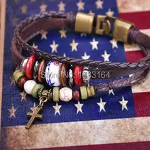 G58 Бронзовый Пляж Кожа Дерево и камень бусины Крест Жесткий Браслет-манжета для мужчин