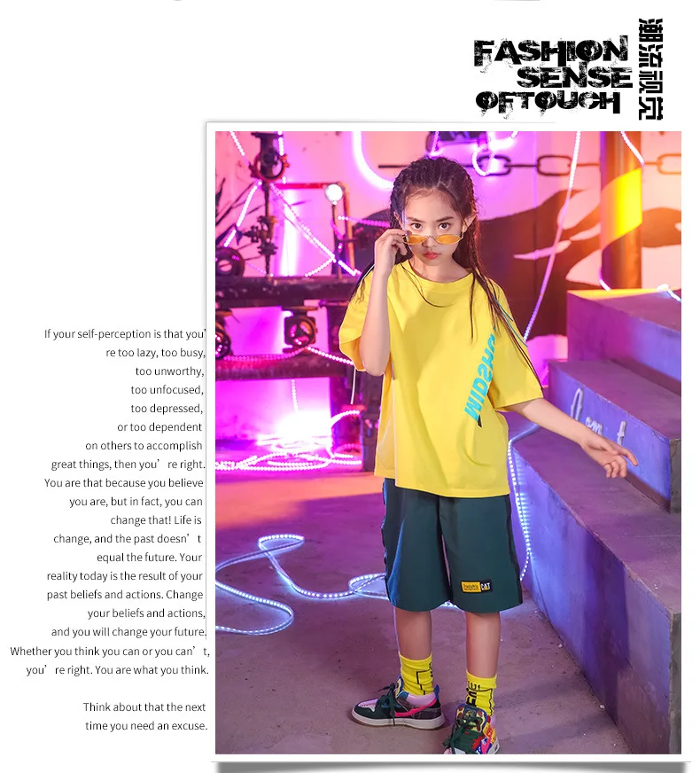 Children Hip Hop Dance Costumes Kids Street Dance Clothing Yellow Tshirt Green Shorts Girls Dancewear Stage Outfit (4)