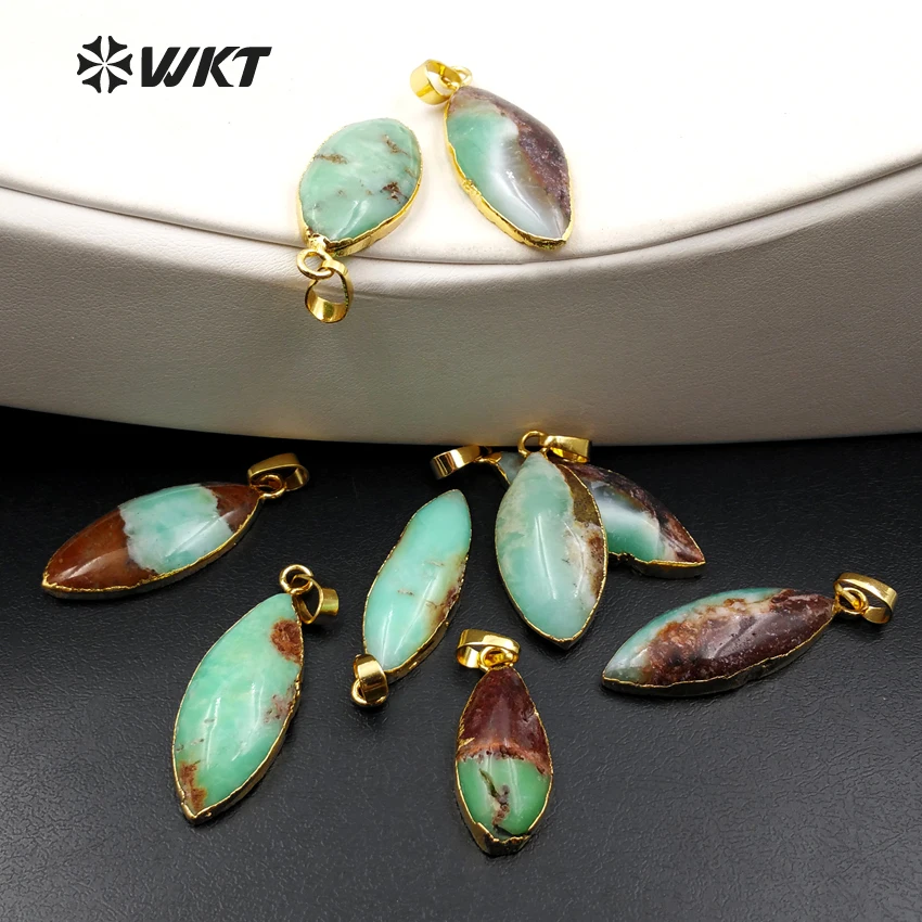 

WT-P1164 Wholesale Custom Natural Green Chrysoprase Pendant With Gold Trim Unique Leaves Stone For Trendy Jewelry Making