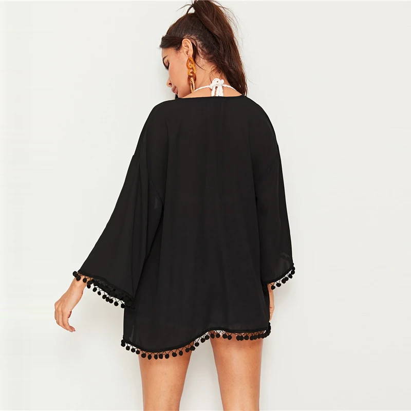 SHEIN однотонное кимоно с помпонами Черное Шифоновое Бохо женское весеннее осеннее длинное кимоно с длинным рукавом