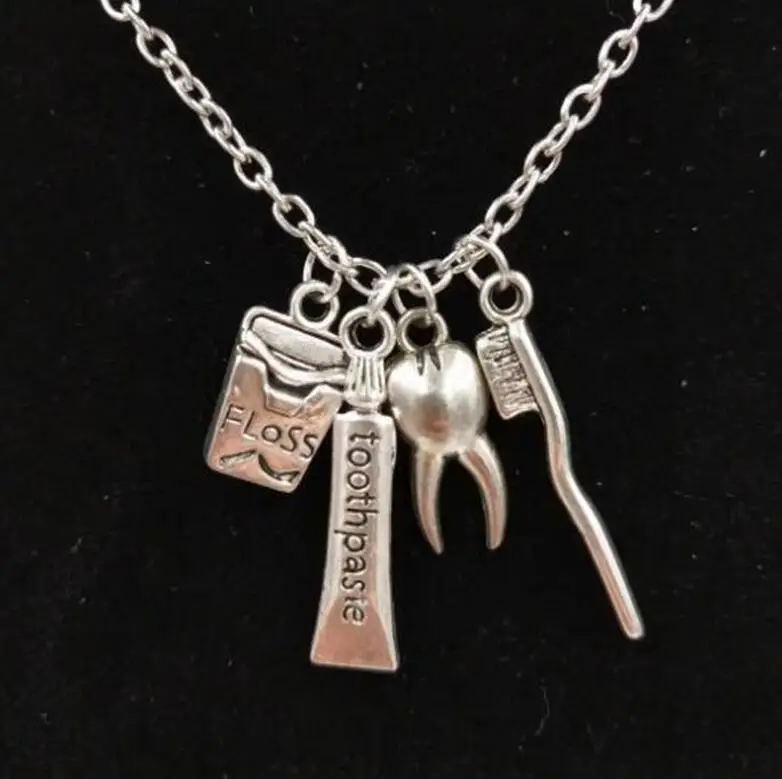 

1Pcs Antique Silver Dental hygienist floss /toothbrush /toothpaste/Tooth Fairy & Tooth Dangle Pendant Necklace