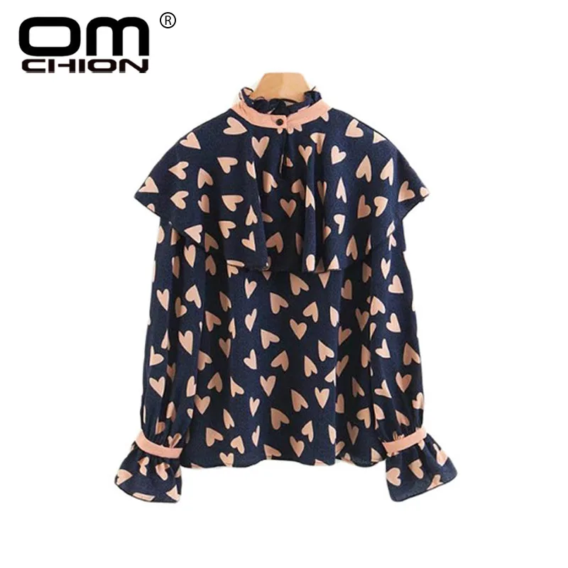 

OMCHION New Spring Heart Print Ruffles Blusas Mujer Long Petal Sleeve Shirts Women Vintage Casual Summer Tops 2018 LK38
